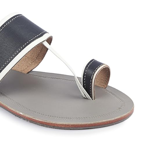 KORAKARI Men's Regular Wear Kolhapuri Chappal handmade Leather Grey Base White Blue Upper Smooth and Stylish Durable Comfortable Flip Flops Anti Slip Design slippers Traditional Indian Footwear