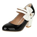 high heels mary janes MISSUIT Damen Blockabsatz Mary Janes Lack High Heels Pumps Riemchen Schleife(Schwarz,39)