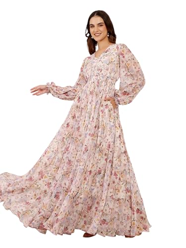 Image of Miss Chase Women Pleated V Neck Full Sleeves Relaxed Fit Midi Length Dress