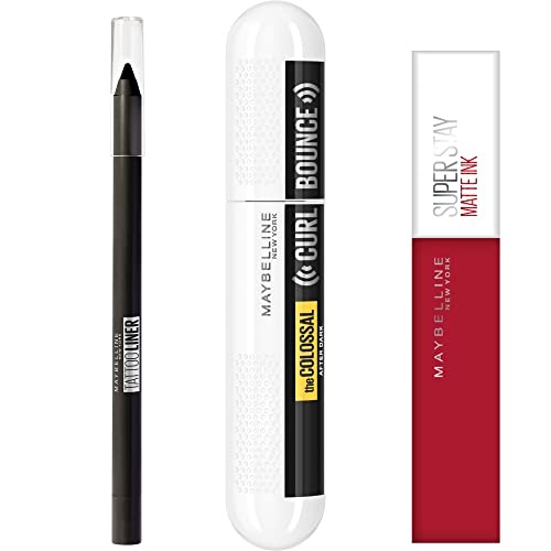 Maybelline New York juego de maquillaje resistente al agua, máscara de pestañas Curl Bounce, lápiz de gel Tattoo Liner y lápiz labial Superstay Mate Ink, All Night Long, 5 unidades