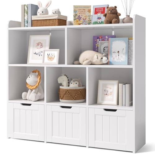 Xbro Meuble Rangement Jouets Enfant Bibliothèque avec 3 Tiroirs Coulissants et 6 Étagères Barrière Anti-Chute pour Chambre, Salle de Jeu, Blanc