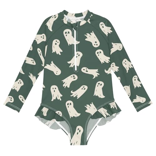 CaTaKu Girls One Piece Swimsuit Ghost Green Halloween Toddler Bathing Suit Long Sleeve UPF 50+ Rash Guard Swimwear 3-12Y