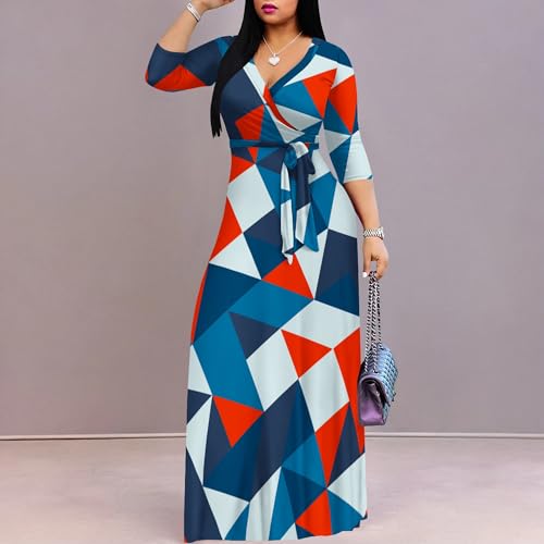 Image of PinkPatty Women's Print Maxi Dresses 3 /4 Sleeve Flowy Long Dress V Neck Wrap Tie Waist Sundress