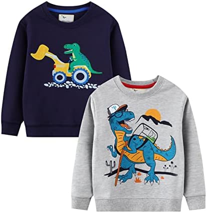LOKTARC 2 Pack Toddler Boys Sweatshirts Patterned Long Sleeve Pullover Crewneck Tops Shirts Navy Dinosaur + Grey Dinosaur 2-3 Years/Size 3T