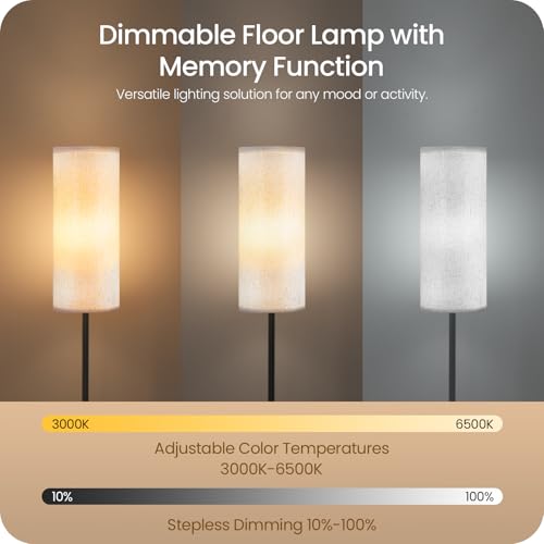 Image of Dimmable Floor Lamp for Living Room with Remote and Foot Switch, Corner Floor Lamp, 64.4 inch Standing Tall Lamp, 10W 900LM LED Bulb Included, 3000K-6500K, Linen Shade, Weighted, FCC Listed W06LD05W1