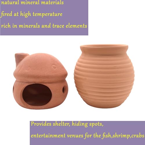 Image of M2cbridge Natural Clay Pottery Ceramic Jar Vase Cichlid Small Fish Shrimp Aquarium Decor to Play Hide Breed Habitat (Red Clay, 2pcs)