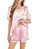 SHEFOTY Silk Pajamas for Women Short Sleeve Satin 2 Piece Pj Set Soft V Neck Sleepwear Loungewear, S-XXL Pink