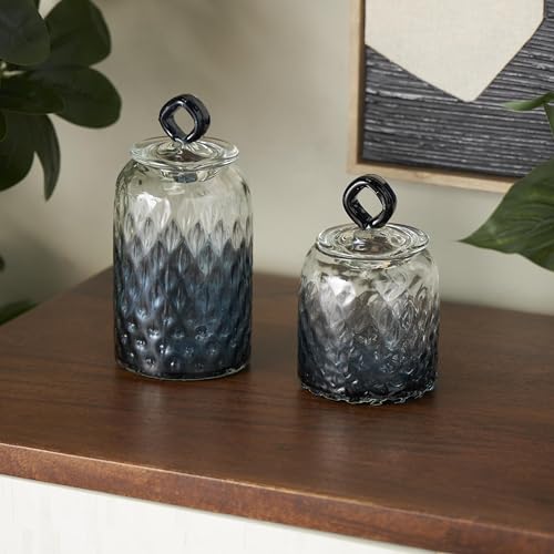 Deco 79 Glass Geometric Living Room Decorative Jars Faceted Ombre Decorative Container with Diamond Knobs, Set of 2 Jar with Lid 9", 7"H, Dark Blue by Deco 79 - Image 2