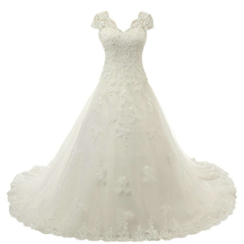 Vantexi Élégant V-col A-Line Longue Dentelle Robes de mariée Robe de mariée Vêtements de mariée Ivoire Taille 36