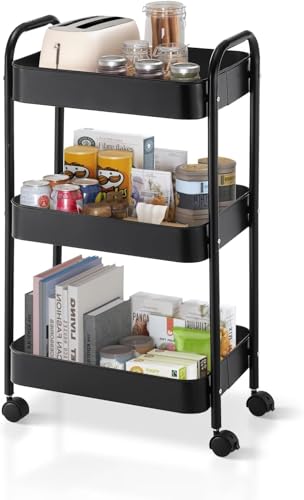 SKY-TOUCH 3-Tier Kitchen Storage Trolley on Wheels Rolling Utility Carts Mobile Storage Serving Trolley Metal Cart for Dining Room Bathroom Laundry Living Room Organizer (Black) 403077 cm