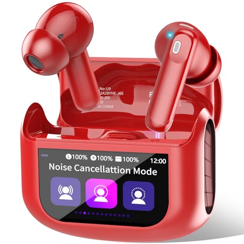 QXUFV Wireless Earbuds with Smart Touch Screen ANC Active Noise Cancelling Bluetooth 5.4 Headphones in Ear Earphones with HD Mic HiFi Stereo Sound, Bluetooth Earphones 40H Playtime IP7, Red