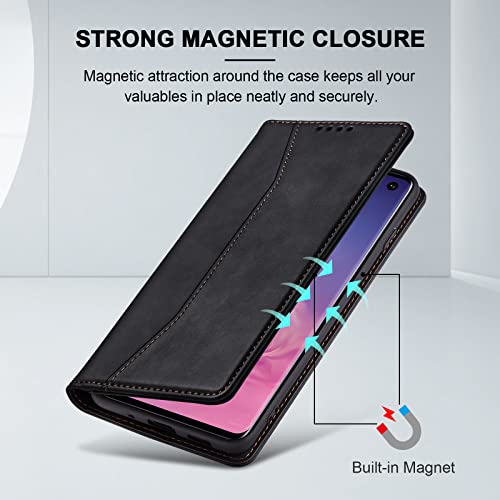 Image of Jasonyu Flip Wallet Case for Samsung Galaxy S10,Leather Magnetic Folio Cover with Card Holder,Kickstand - TPU Shockproof Durable Protective Phone Case,Black