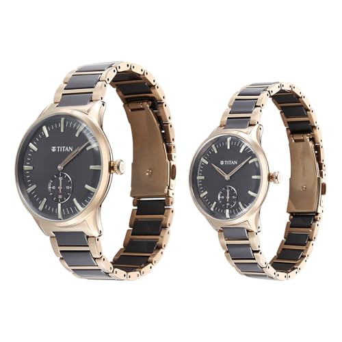 Image of Titan Modern Bandhan Pair Analog with Grey Dial Ceramic and Carnation Gold Stainless Steel Strap Watch for Couples - 9401394213KD02