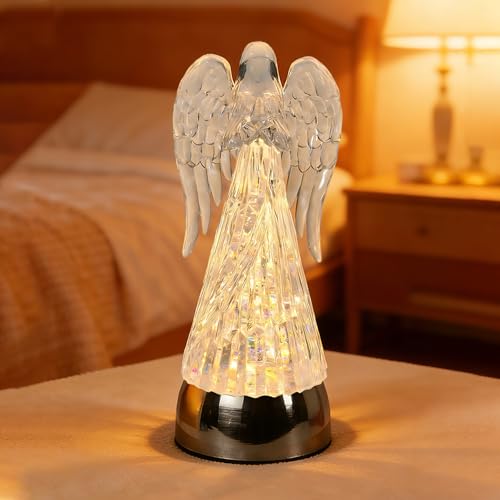 Tozhoet Lighted Acrylic Angel Figurines Swirling Glitter Globe 6H Timer Battery & USB Operated Angel Statue Decor Gifts for Mom Grandma Girls Women Birthday Friendship (9.5 Angel Praying Figurine)