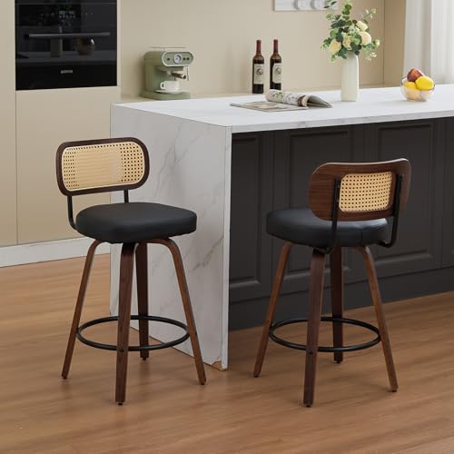 Image of Swivel Counter Height Bar Stools Set of 2, 26 inch Bar Chairs with Curved Rattan Back, Upholstered PU Leather, Walnut Craftsmanship, Mid Century Modern Counter Stools for Kitchen Counter, Black