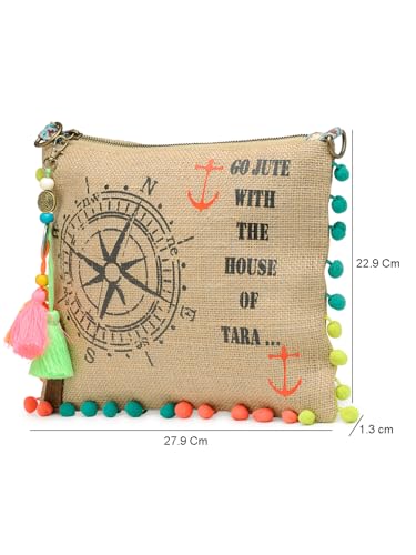 Image of The House of tara Casual Jute Purse For Women | Small Crossbody Sling Bag with Tassels, Zip Pocket & Removable Shoulder Strap | Printed Aesthetic Foldable Ladies Purse Handbag