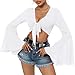V Neck White Bell Sleeve Tops for Women Tie Front Long Sleeve Blouse Sheer Mesh Crop Rave Top XL