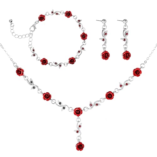MBAIYO Red Rose Jewelry Set 3Pcs Red Roses Flower Necklaces for Women Rose Necklace Dangle Bracelet Set Vintage Earrings Pendant Amulet chain for Womens Wedding Prom Valentine Birthday Party(Sliver)