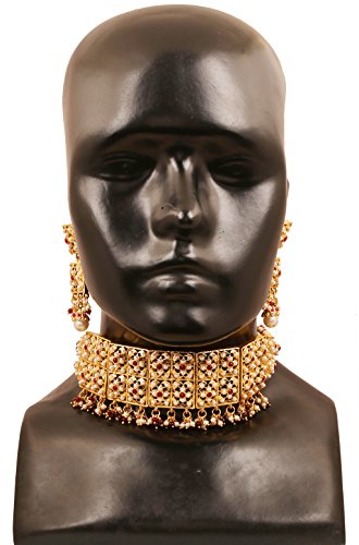 Touchstone "Mughal Jali Collection Faux Pearls/Ruby Bridal Wedding Rani Haar Necklace And Choker In Gold Tone For Women #TOP6