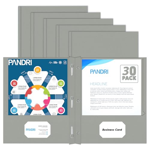 PANDRI 30 Pack Two Pocket Paper Folders with Prongs, Letter Size (Grey)