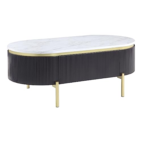 24/7 Shop at Home Leiston Modern Multiple Storage Oval Wood 48 in. Coffee Table with Drawer for Living, Reception Room, Home Office, Bedroom, Walnut Brown and White