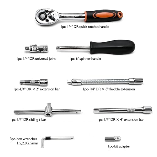 Image of Egofine 46 Pieces 1 /4 inch Drive Socket Ratchet Wrench Set, with Bit Socket Set Metric and Extension Bar for Auto Repairing and Household, with Orange Storage Case