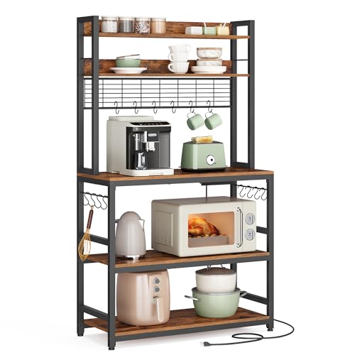 Image of VASAGLE Bakers Rack with Power Outlet, Microwave Stand, Kitchen Tall Utility Storage Shelf, with Metal Wire Panel, 14 Hooks, 15.7 x 31.5 x 66.9 Inches, Rustic Brown and Ink Black UKKS025B01