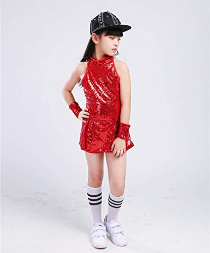 Girls Sequins Dance Dress Sparkle Hip Hop Jazz Dance Outfits Sleeveless Top And Shorts (Red, 5-6 Years) #TOP6