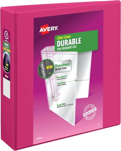 Image of Avery Durable View 3 Ring Binder, 2 Inch Slant Rings, 2.8 Inch Wide Spine, Customizable Clear Cover, Ideal for School, Office, and Home Organization, 1 Pink Binder (17836) (Pack of 6)