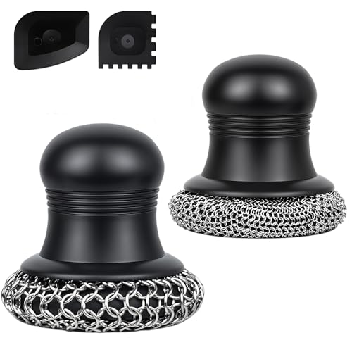 Image of 316 Upgraded Cast Iron Scrubber with Pan Scraper,Cast Iron Cleaner for Grill Pan Skillet Wok Carbon Steel,Ergonomic to Hold Easy to Use Dishwasher Safe ((Small&Large Chainmail,2pcs))