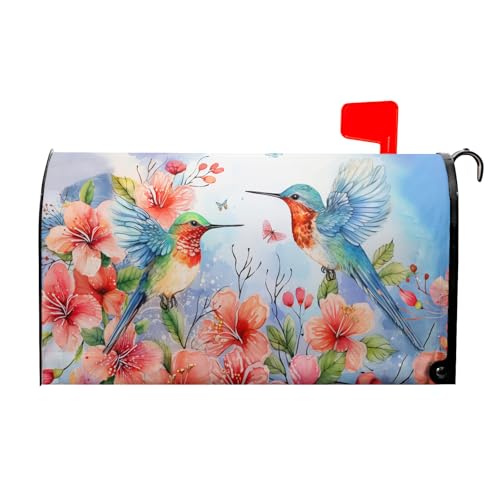 Image of Spring Summer Flowers Mailbox Covers Magnetic Large Size 25x21 Inch Spring Cherry Blossom Mailbox Cover Hummingbirds Mailbox Wraps Post Letter Box Cover Decoration for Home Garden Yard Outdoor Outside