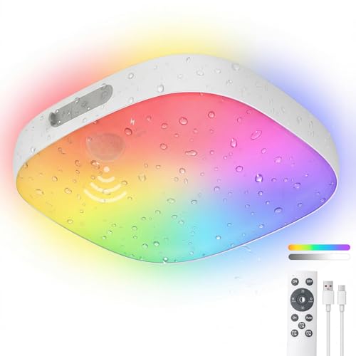 ToyGlee Shower Light IP65 Waterproof Motion Sensor Ceiling Light Rechargeable Closet Light with 10000mAh Battery & Remote 18 RGB Colors LED Bathroom Shower Lamp for Inside Shower