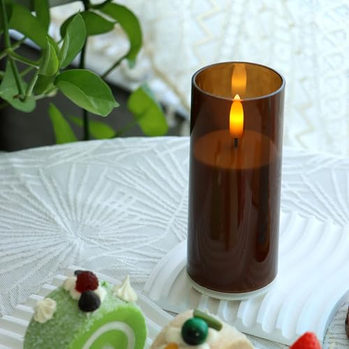 Image of CANDLE CHOICE Indoor Outdoor Flameless Candles with Timer Waterproof Realistic Flickering Battery Operated Pillar LED Lights with Acrylic Shell Wedding Party Christmas Decorations 6 Pack 2 inchx5 inch Brown