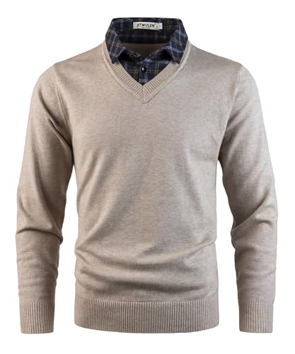 KTWOLEN Pull Homme avec Faux col de Chemise Automne Hiver Pull col Chemise à Manches Longues Pull en Tricot avec col en V, Beige, XL