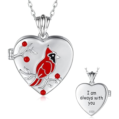 Sterling Silver Cardinal Jewelry for Women - Red Bird Stud Earrings Heart Pendant Necklace Bracelet Always In My Heart Memorial Jewelry Gift for Loss of the Loved One (Heart locket necklace) Cover