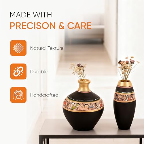Image of Aakriti Art Creations Vase Earthen Black Madhubani Set of 2 | Hand-Painted Terracotta Flower Vases | Matte Finish Decorative Vases for Living Room, Table Decor & Gifting