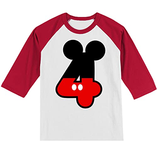 Personalized Mickey 4th Birthday Shirt | Handmade Decorated Shirt | Personalized with Name | Unisex 3/4 Sleeve Raglan T-Shirt | #11822