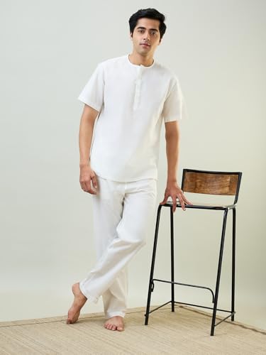 Image of SleepZ by Raymond Men Comfort Fit Solid Pattern Cotton Polyester Blend Round Neck Kurta Set