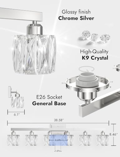 Image of VOLISUN Crystal Vanity Lights for Bathroom, 3 Light Bathroom Vanity Light, Modern Stainless Steel Bathrooms Lights Over Mirror, Chrome Bathrooms Lights Fixtures-UL Certificated(Exclude Bulb)