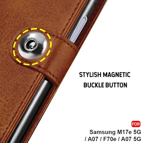 Image of TheGiftKart Flip Cover Back Case for Samsung Galaxy M17e 5G / A07 / F70e / A07 5G | Genuine Leather Finish | Designer Button | Inbuilt Pockets & Stand | Flip Back Cover Case (Faux Leather, Brown)