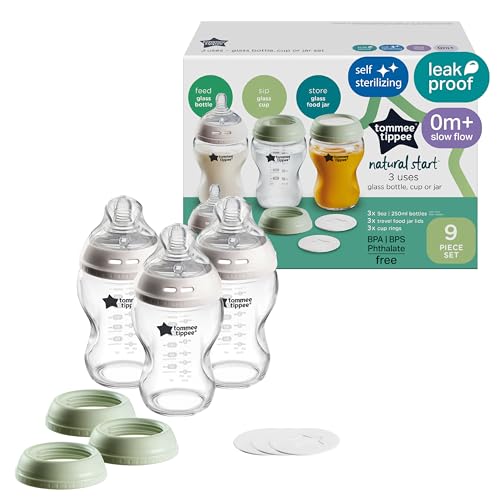 Image of Tommee Tippee Natural Start 9 oz Glass Baby Bottles, Self Sterilizing, BPA & Phthalates Free, 0+ Months, Slow Flow Breast-Like Nipple for a Natural Latch, Travel Jar Lids, Cup Rings, Pack of 3