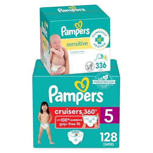 Image of Diapers Size 5, 128 Count and Baby Wipes - Pampers Pull On Cruisers 360° Fit Baby Diapers with Stretchy Waistband, ONE MONTH SUPPLY with Sensitive Wipes, 6X Pop-Tops, 336 Count (Packaging May Vary)
