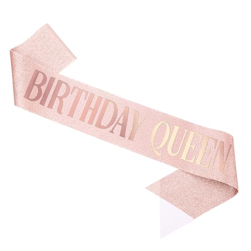 Piriuuo Rose Gold Birthday Queen Sash Glitter Happy Birthday Sash for Women with Gold Foil Birthday Queen Birthdays Sashs for Girls Women