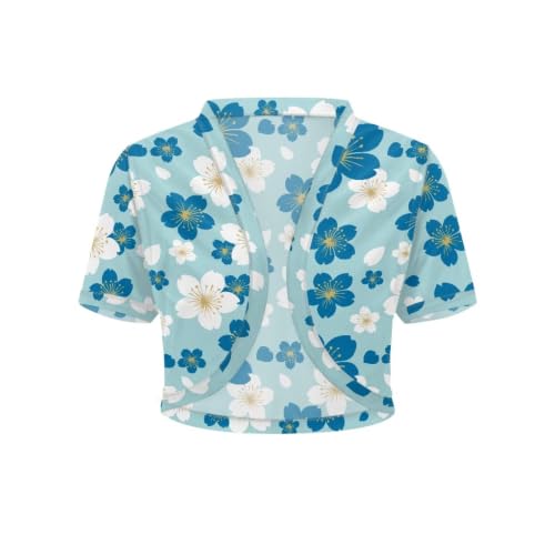 Allinterest Women's Bolero Shrug Blue White Cherry Blossom Print Short Sleeve Summer Sheer Shrugs Lightweight Casual Open Front Cropped Cardigan