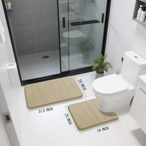 Image of Yimobra Memory Foam Bath Mat Set 2 Piece - Super Soft Absorbent Quick Dry Bathroom Toilet Rugs, Machine Washable Non Slip Floor Carpet for Tub Shower & Single Sink (31.5x20 & 24x20, Pale Khaki)
