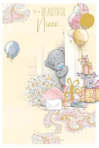 Me To You Tatty Teddy To A Beautiful Niece Luxury Gold Foil Birthday Card Bear With Flowers Gift Boxes And Balloons 6 X 9 Inches - Official Collection