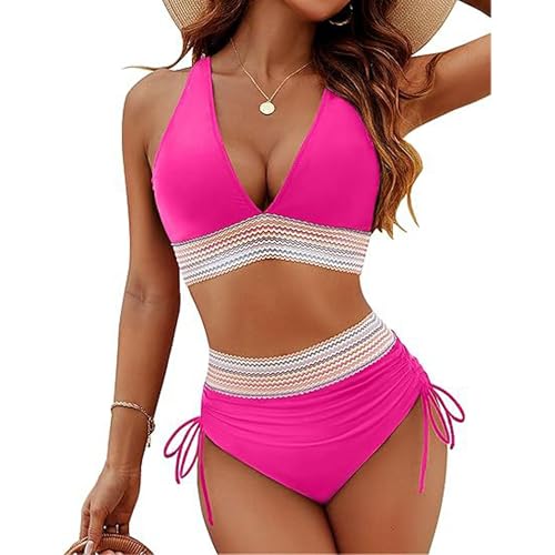 Bestgift Biquíni feminino de cintura alta com decote em V, Branco, M