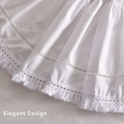 MIYE Wrap Around Ruffled Lace Bed Skirt, Elastic Dust Ruffle with Adjustable Belts, Easy to Put On, Bed Frame Cover, Machine Washable (Tassel Ruffle/White, King/Queen-12.5" Drop)