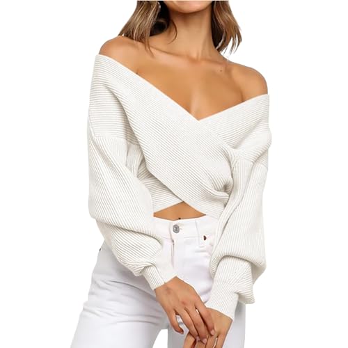 Off The Shoulder Sweater for Women Winter Fall V Neck Criss Cross