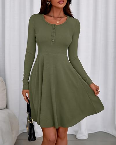Image of BTFBM Casual Fall Dresses for Women 2025 Long Sleeve Ribbed Button Down Empire Waist A Line Winter Wedding Guest Dress